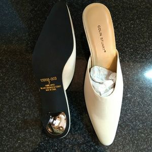 Colin Stuart champagne fabric slides sz 7